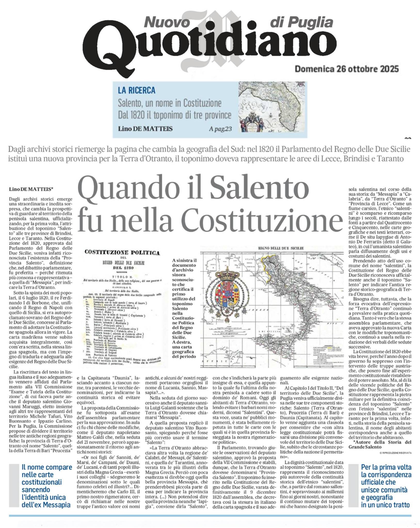 “QUANDO IL SALENTO FU NELLA COSTITUZIONE” di Lino De Matteis